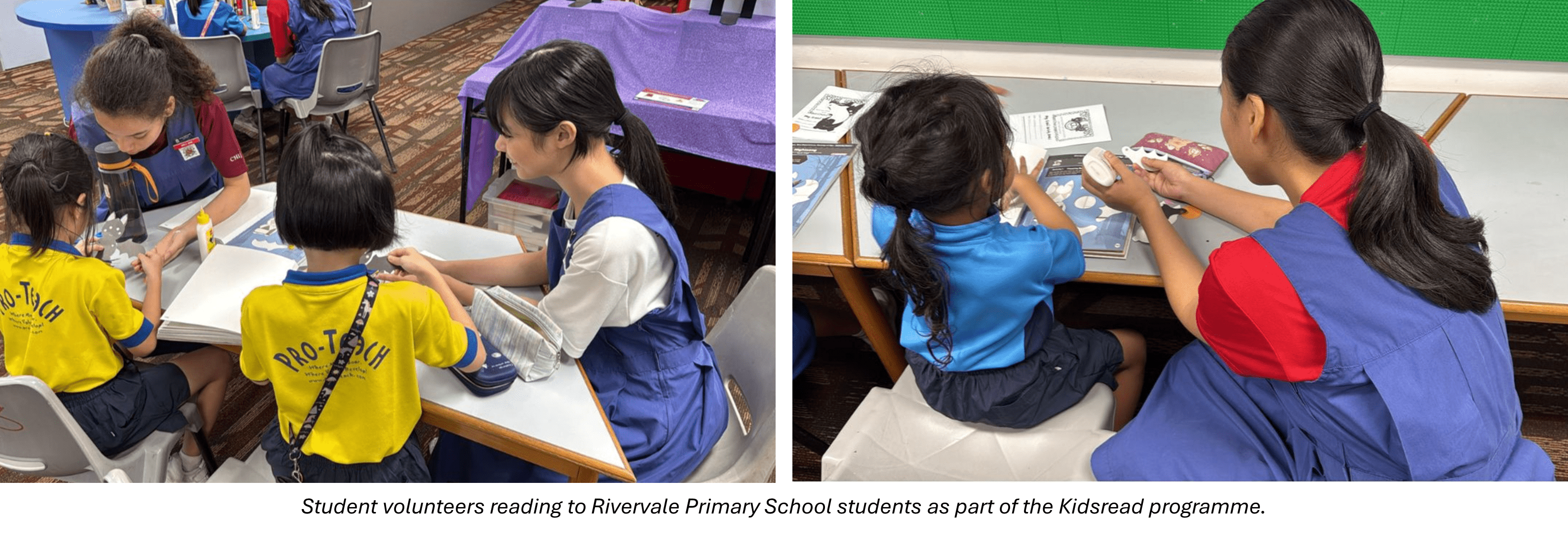 Student volunteers in blue uniforms reading books with young children at tables as part of the Kidsread programme.