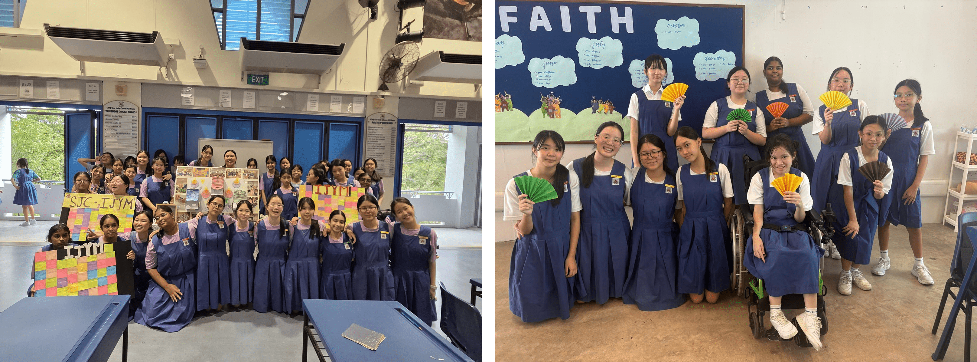 Two group photos of schoolgirls in blue uniforms, one holding colorful signs, the other holding paper fans near a Faith bulletin board.