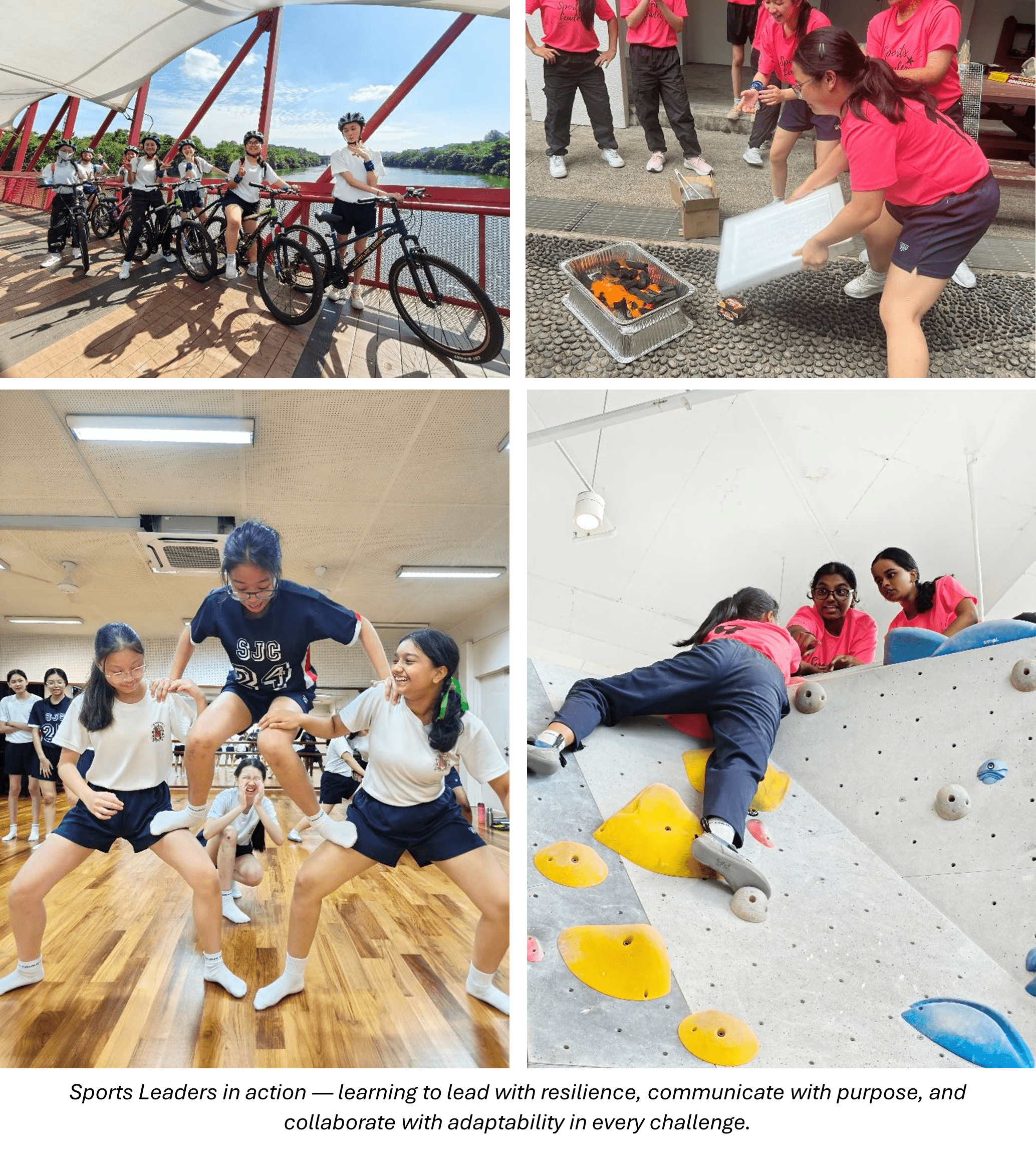 Four photos show students cycling on a bridge, fanning a grill, doing a group jump, and rock climbing indoors.