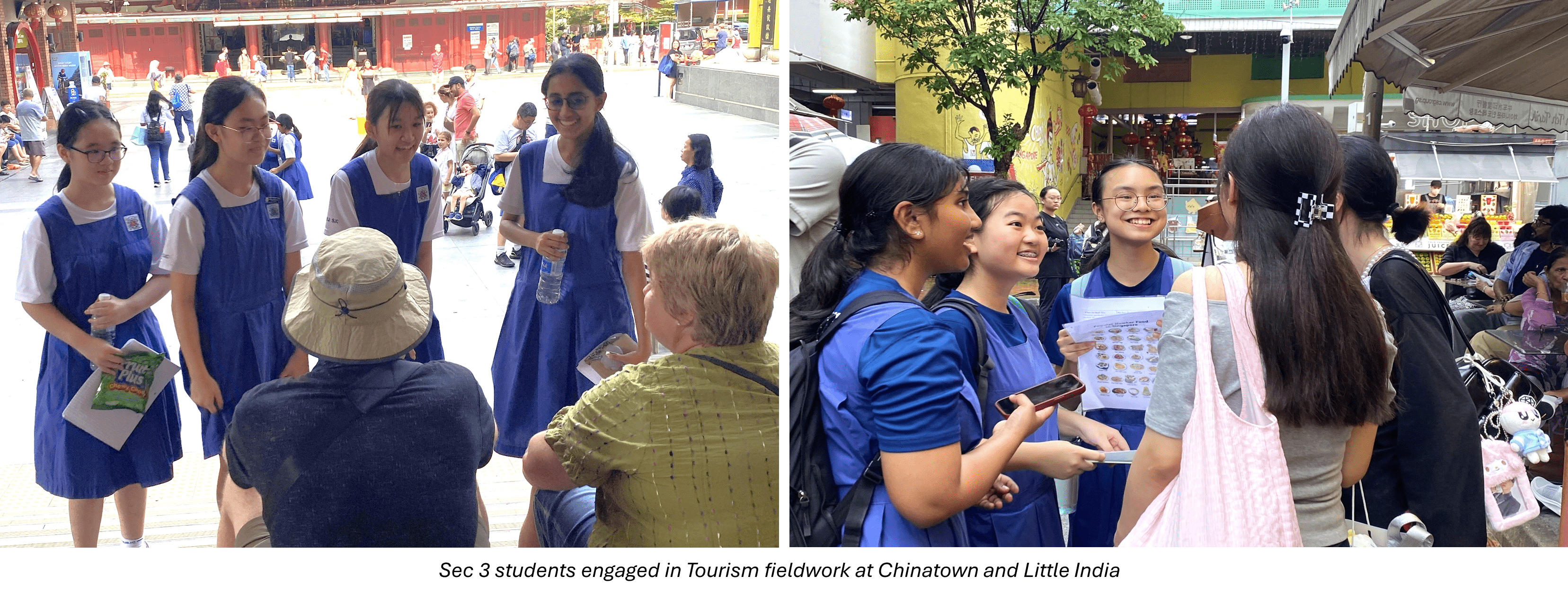 Students in blue uniforms conducting tourism fieldwork interviews with people at Chinatown and Little India.