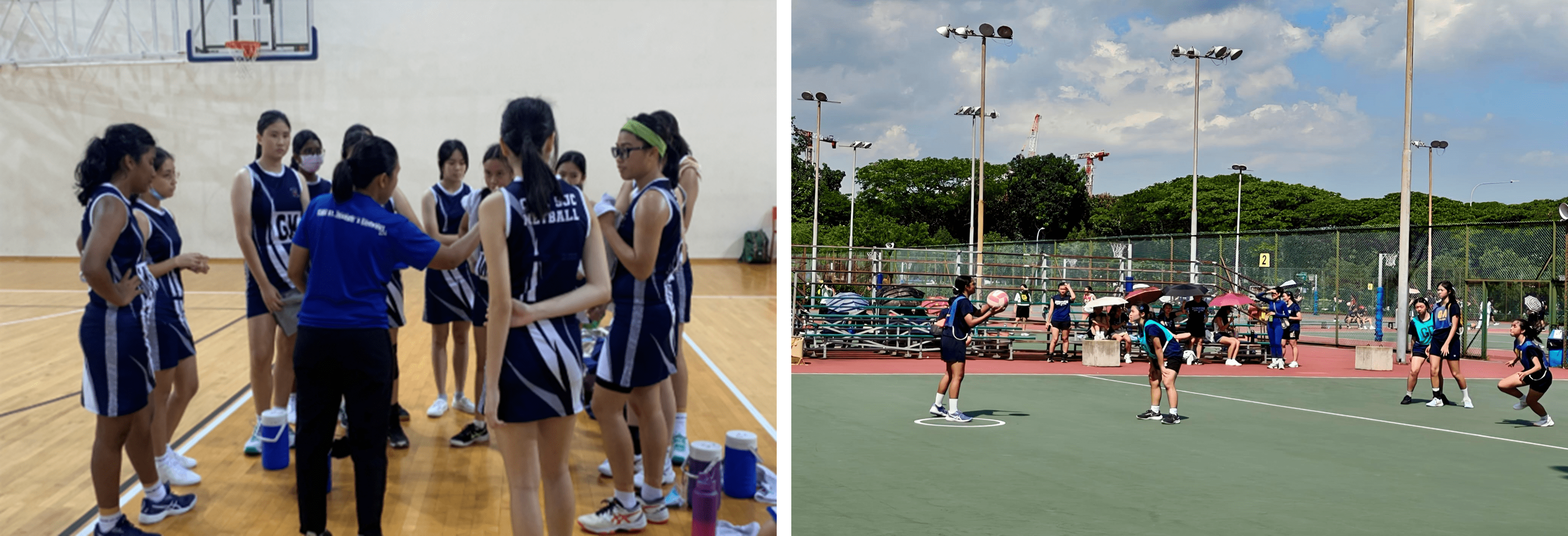Girls in blue netball uniforms huddle indoors with a coach, and play a match on an outdoor court.