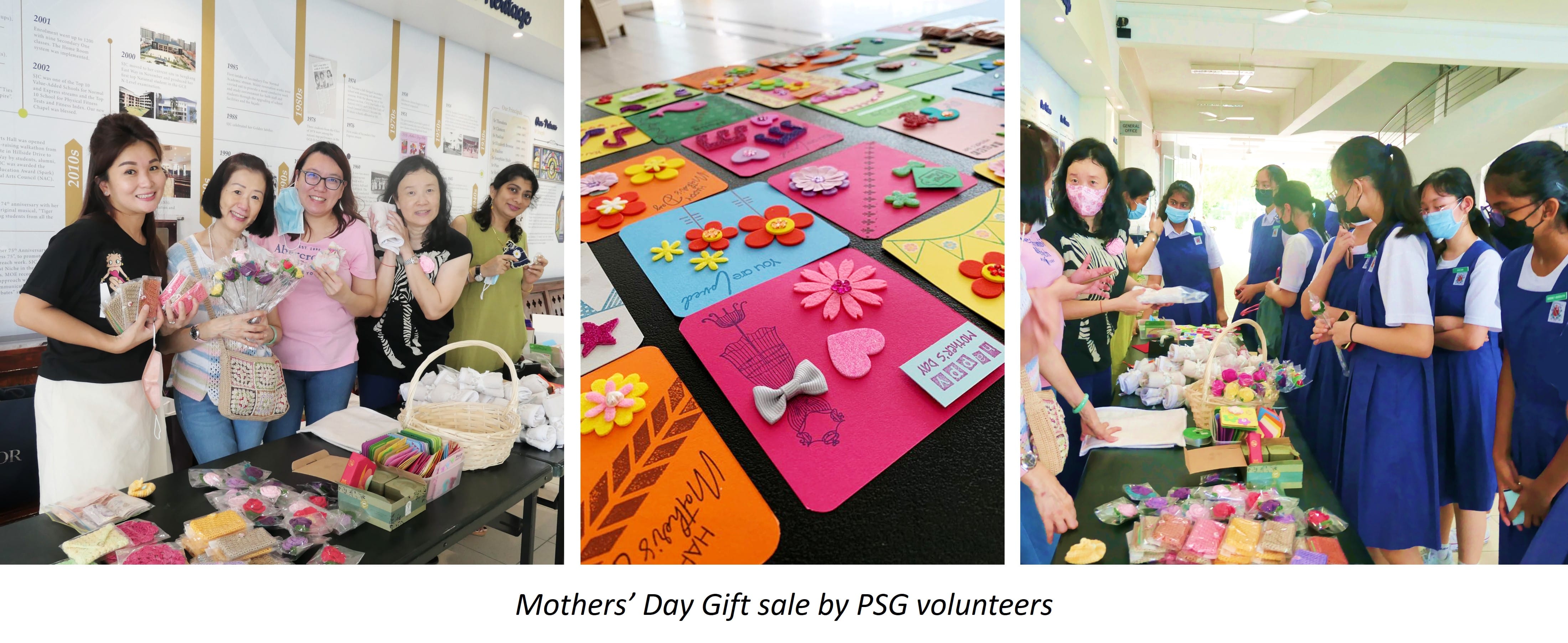 Three photos of a Mothers Day gift sale with volunteers, colorful handmade cards, and students in blue uniforms browsing items.