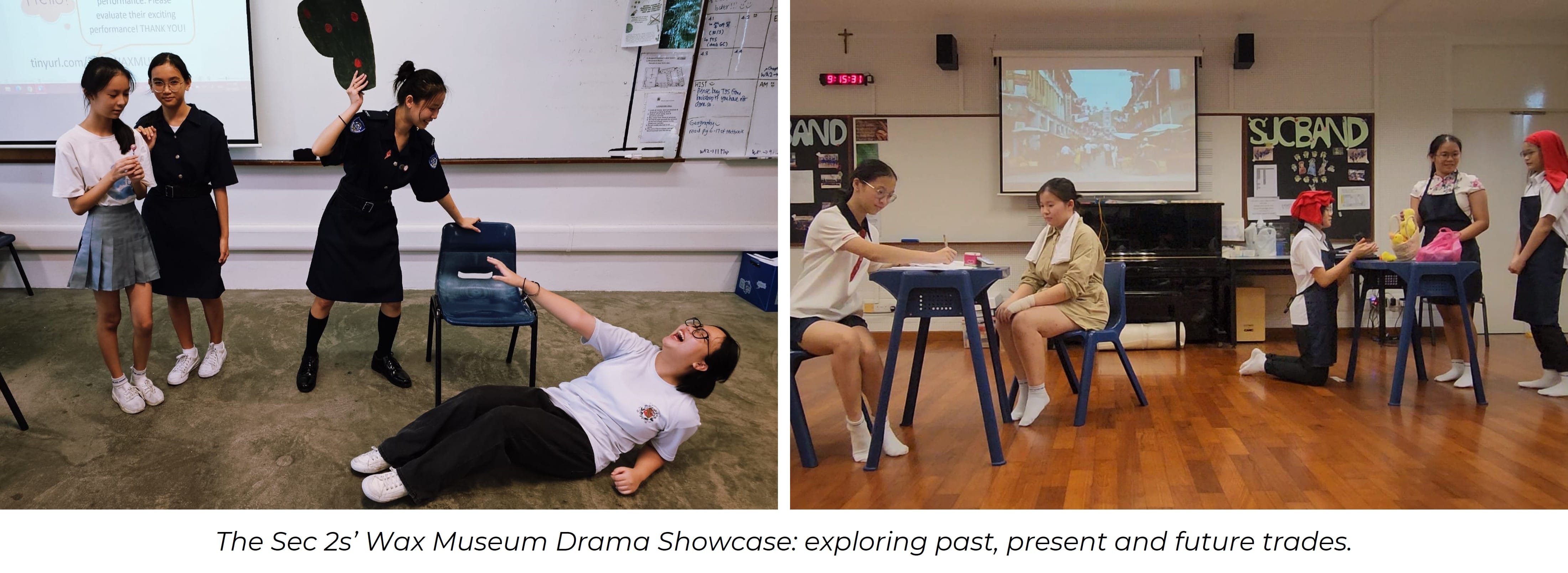 Two school drama scenes: one student lies on floor while peers watch, another shows students at tables performing.
