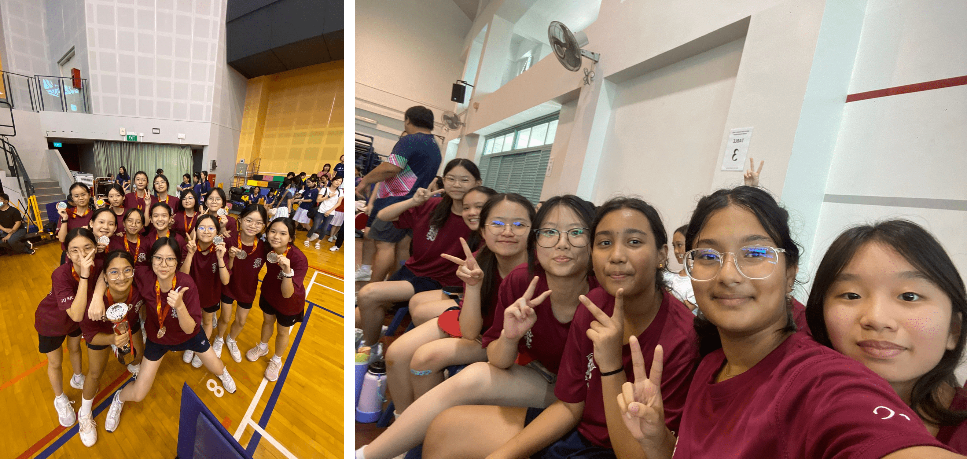 Two group photos of teenage girls in maroon uniforms holding medals and making peace signs inside a sports hall.