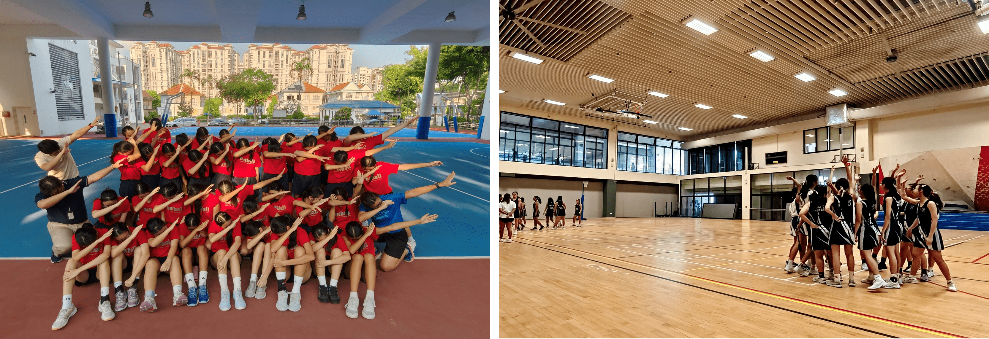 Girls in red shirts pose dabbing on an outdoor court; another group in dark uniforms celebrates inside a gymnasium.