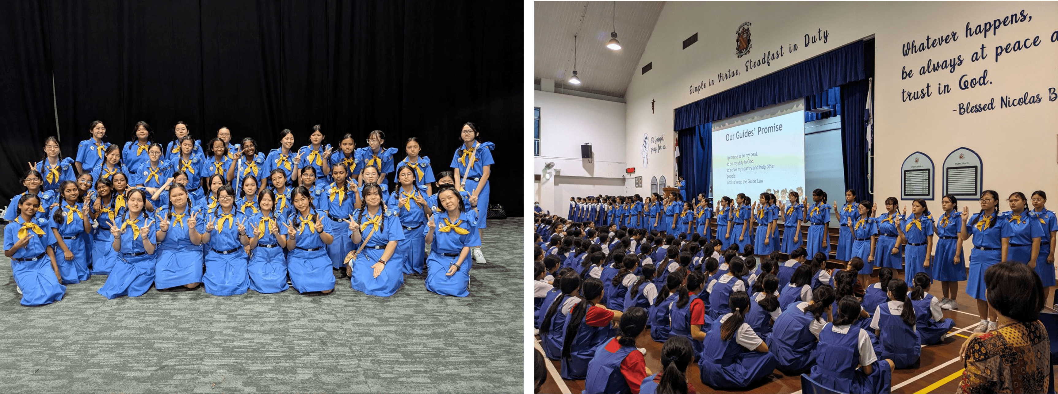 Girls in blue uniforms with yellow scarves pose for a group photo and gather in a school hall for a Guides ceremony.