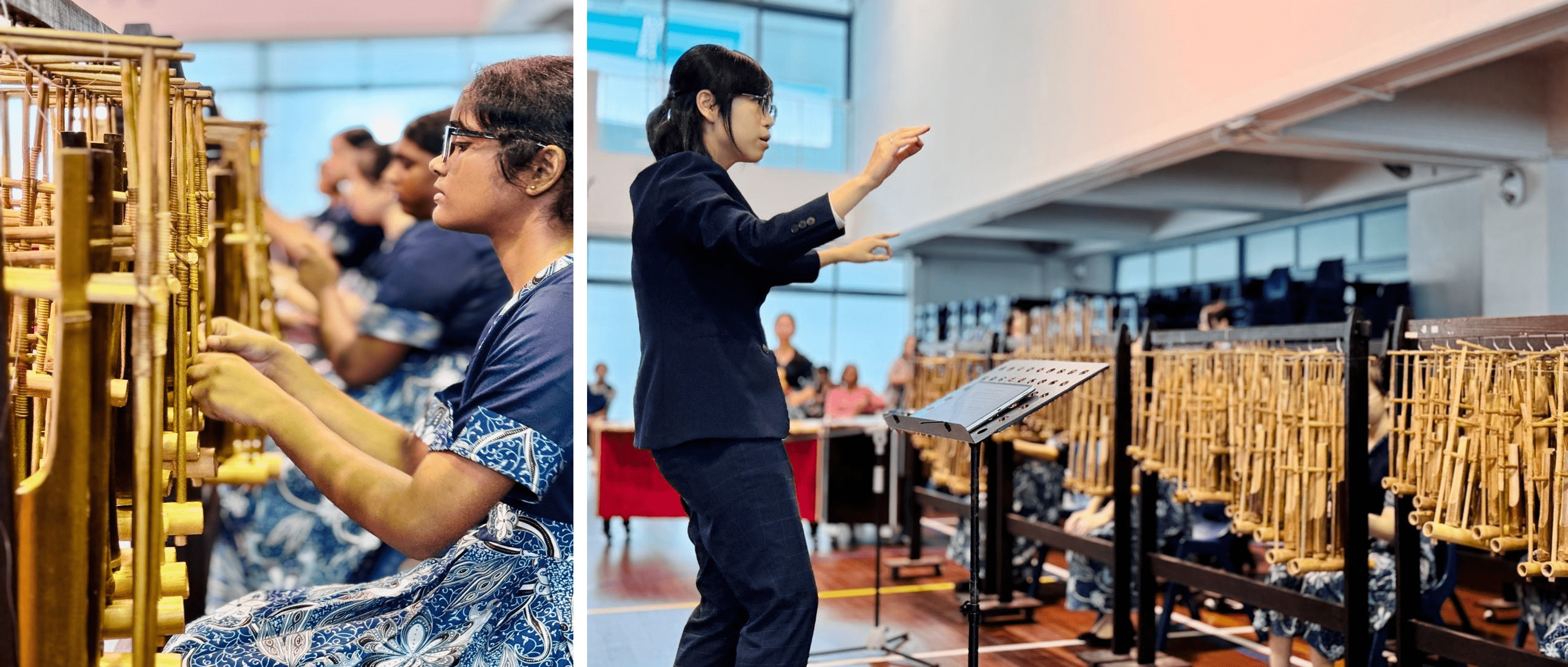 A conductor leads a group of performers playing angklung bamboo instruments in an indoor hall.
