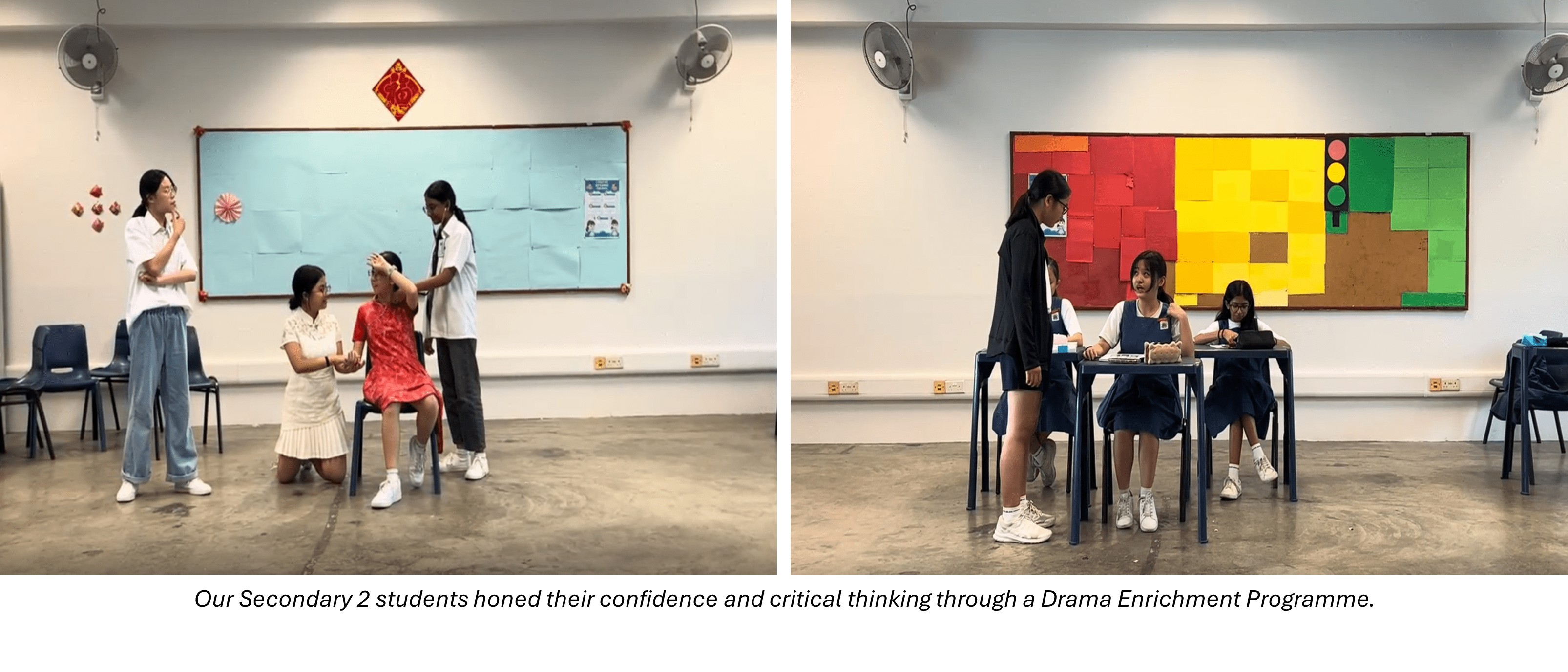 Students perform drama scenes in a classroom, one group near a bulletin board, another at desks with a colorful wall display.