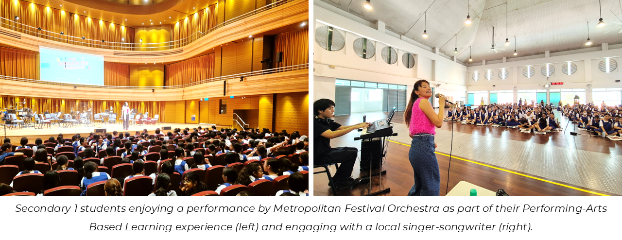 Students watch an orchestra in a concert hall, and a woman sings to a seated school audience in a hall.