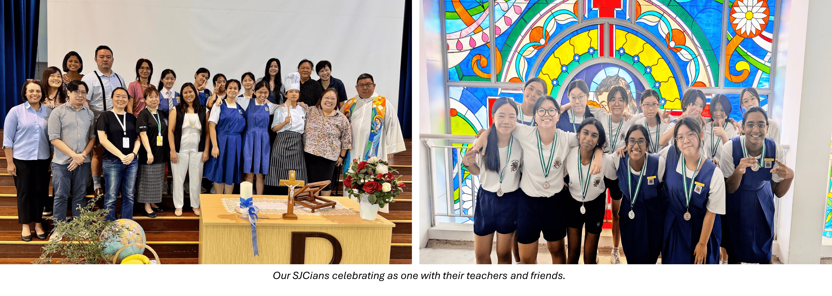Two group photos of students and teachers, one by an altar and one in front of colorful stained glass windows.