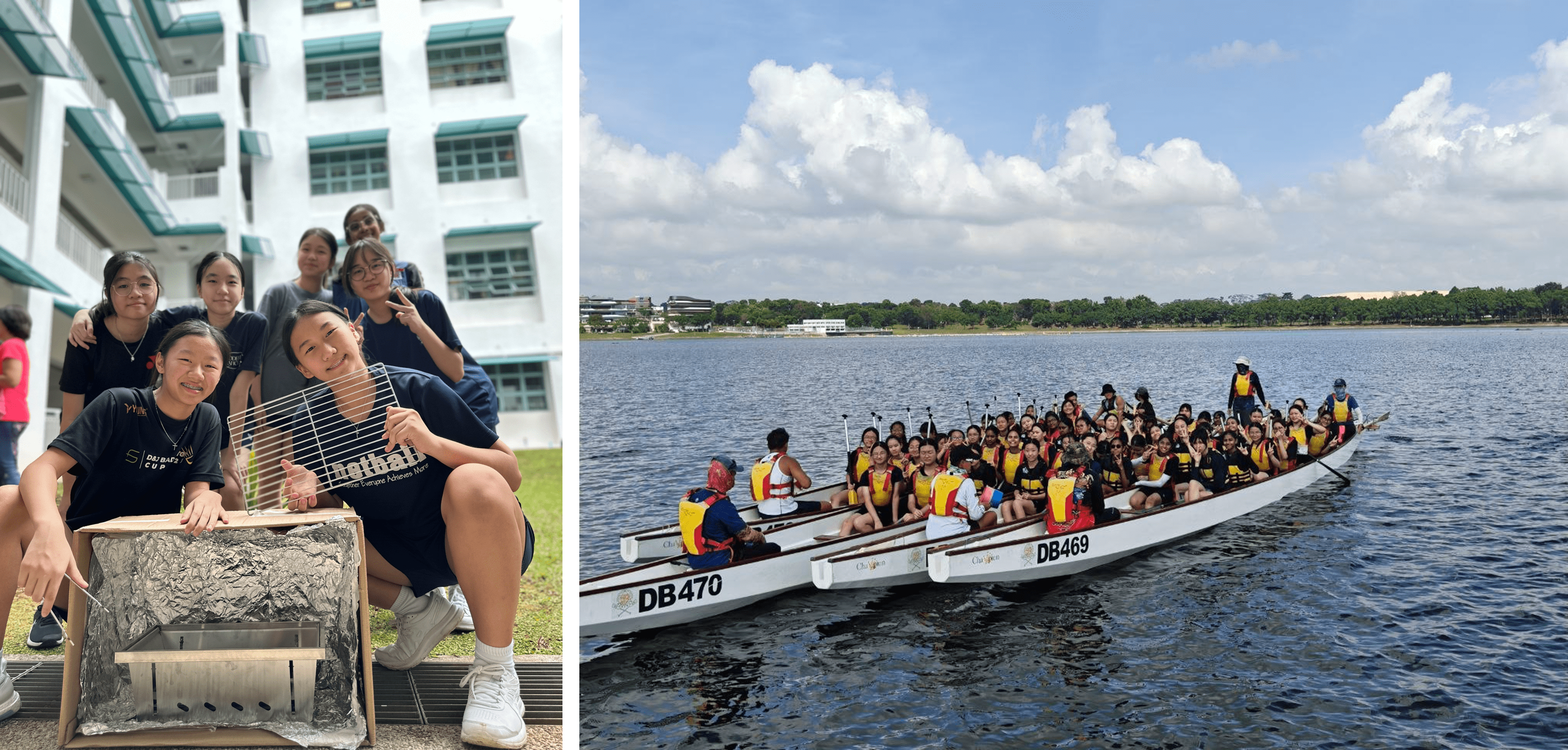 Students pose with a BBQ grill outdoors; separately, a large group in life jackets sits in two dragon boats on a lake.