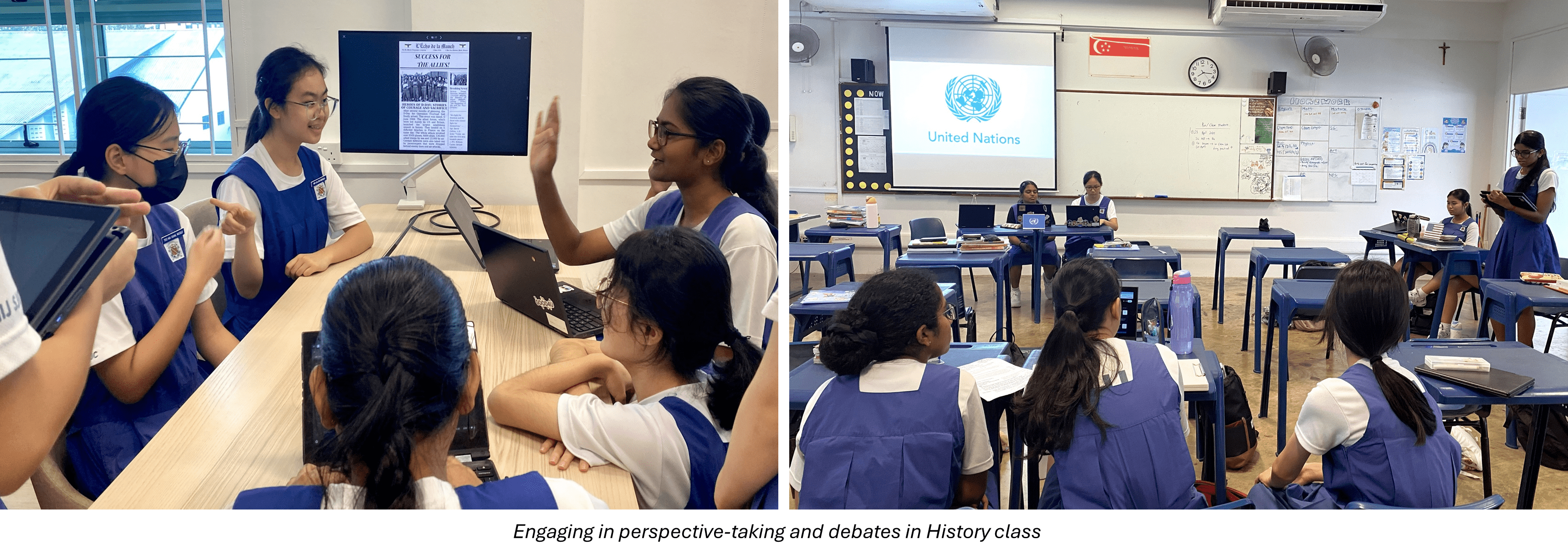 Students in blue uniforms discuss at a table and attend a classroom presentation showing the United Nations logo.