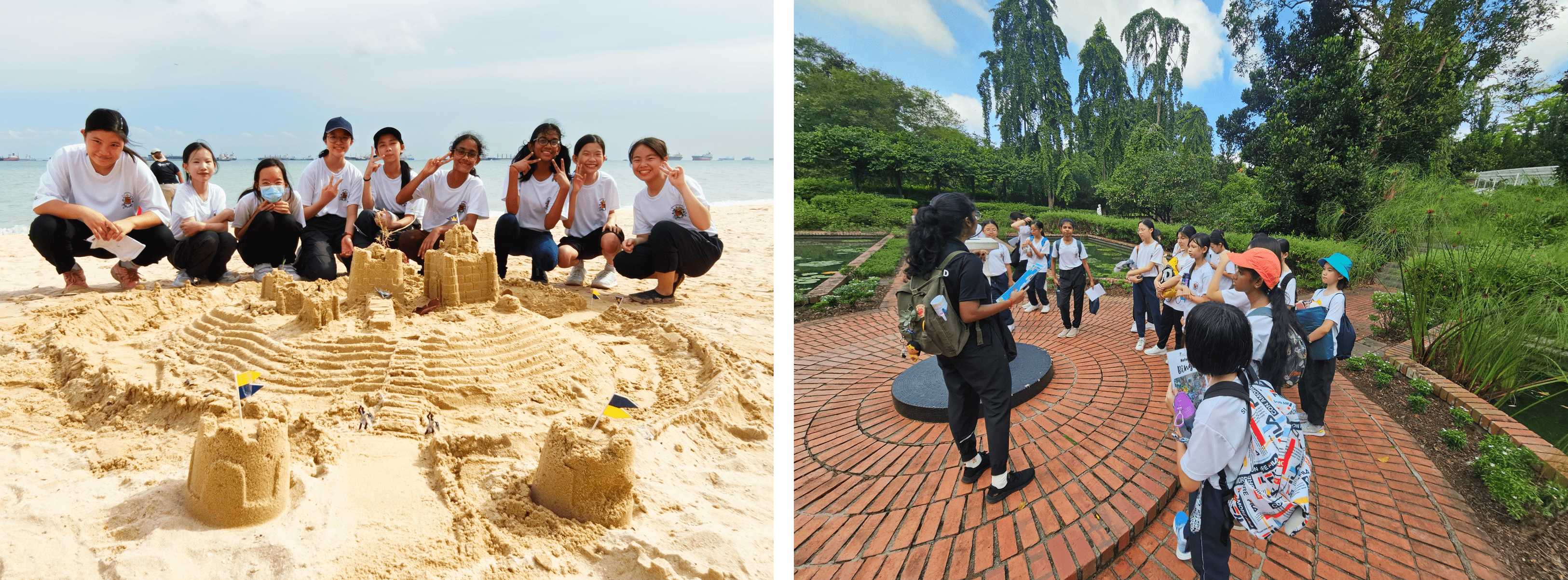 Students pose behind sandcastles on a beach; separately, a student group gathers on a brick path in a lush garden.