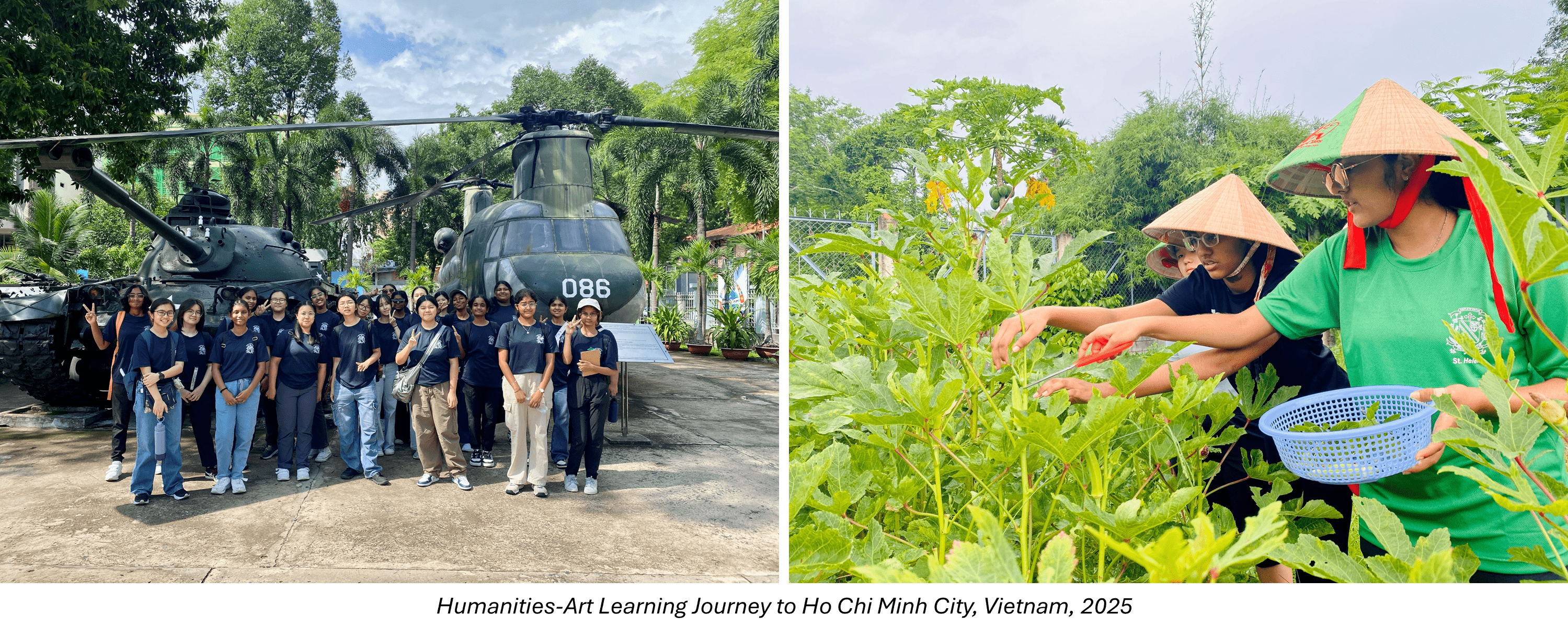 Students pose before a military helicopter, and two wear conical hats while harvesting plants in a garden in Vietnam.