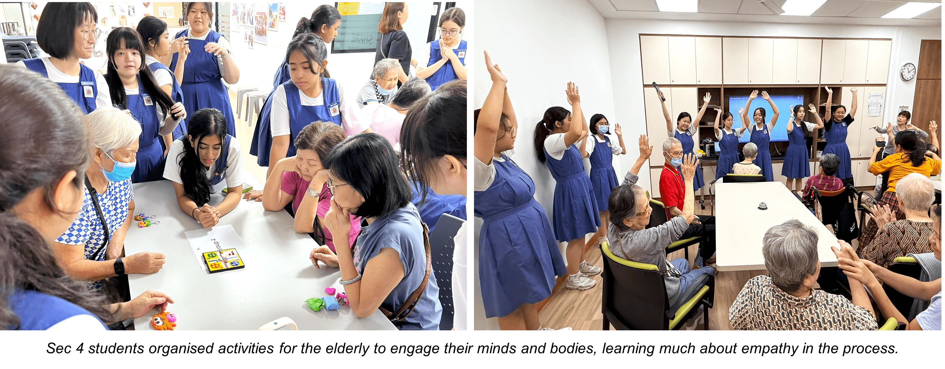 Students in blue uniforms interact with elderly people, playing games at a table and doing exercises with raised arms.