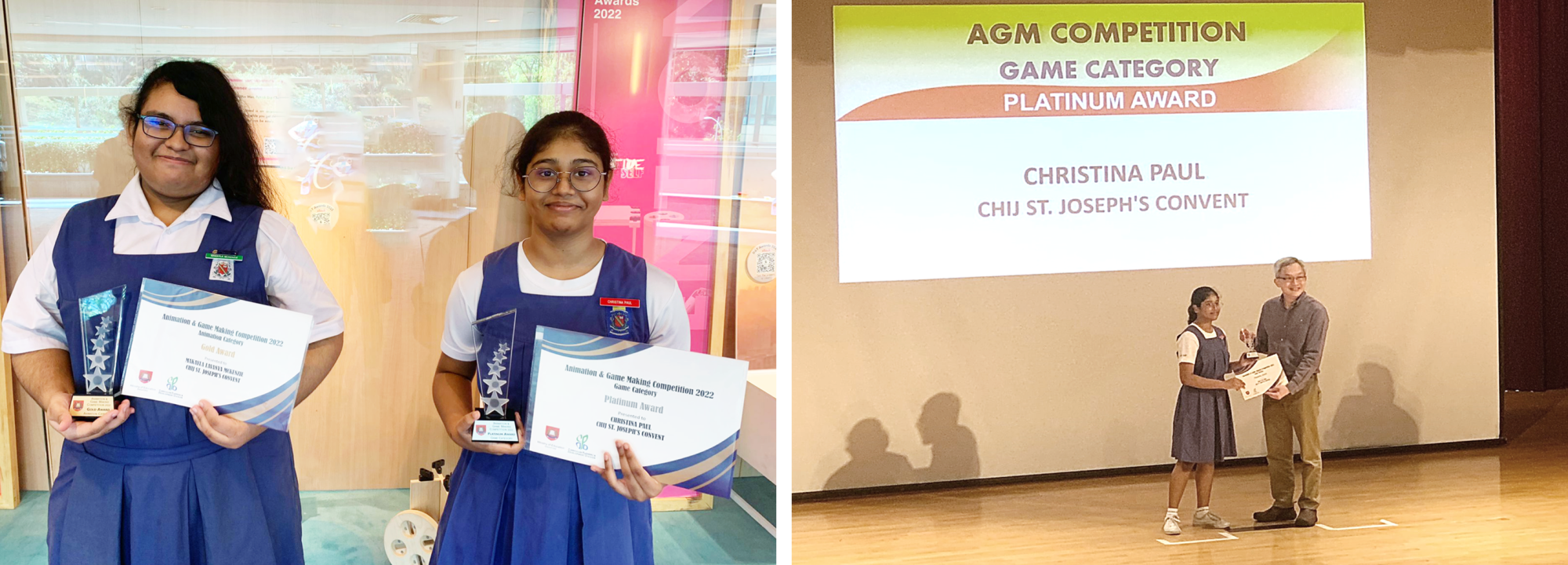 Two school girls holding trophies and certificates, and a student receiving AGM Competition Platinum Award on stage.