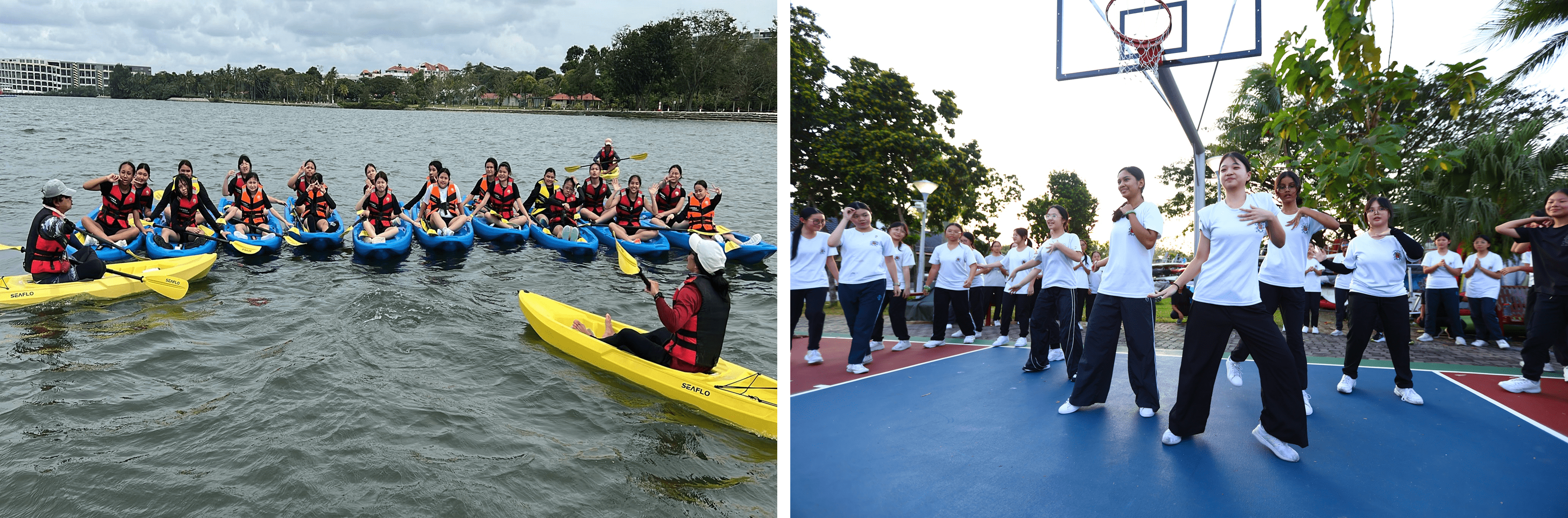 A group kayaking on a lake in life vests beside a group of students dancing on an outdoor basketball court.
