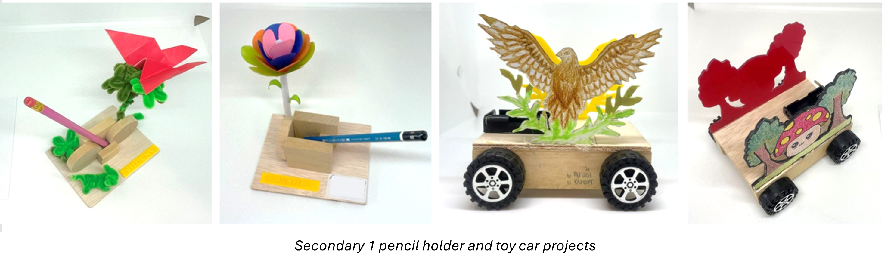Four student-made wooden pencil holders and toy cars decorated with an origami bird, flower, eagle, and squirrel.