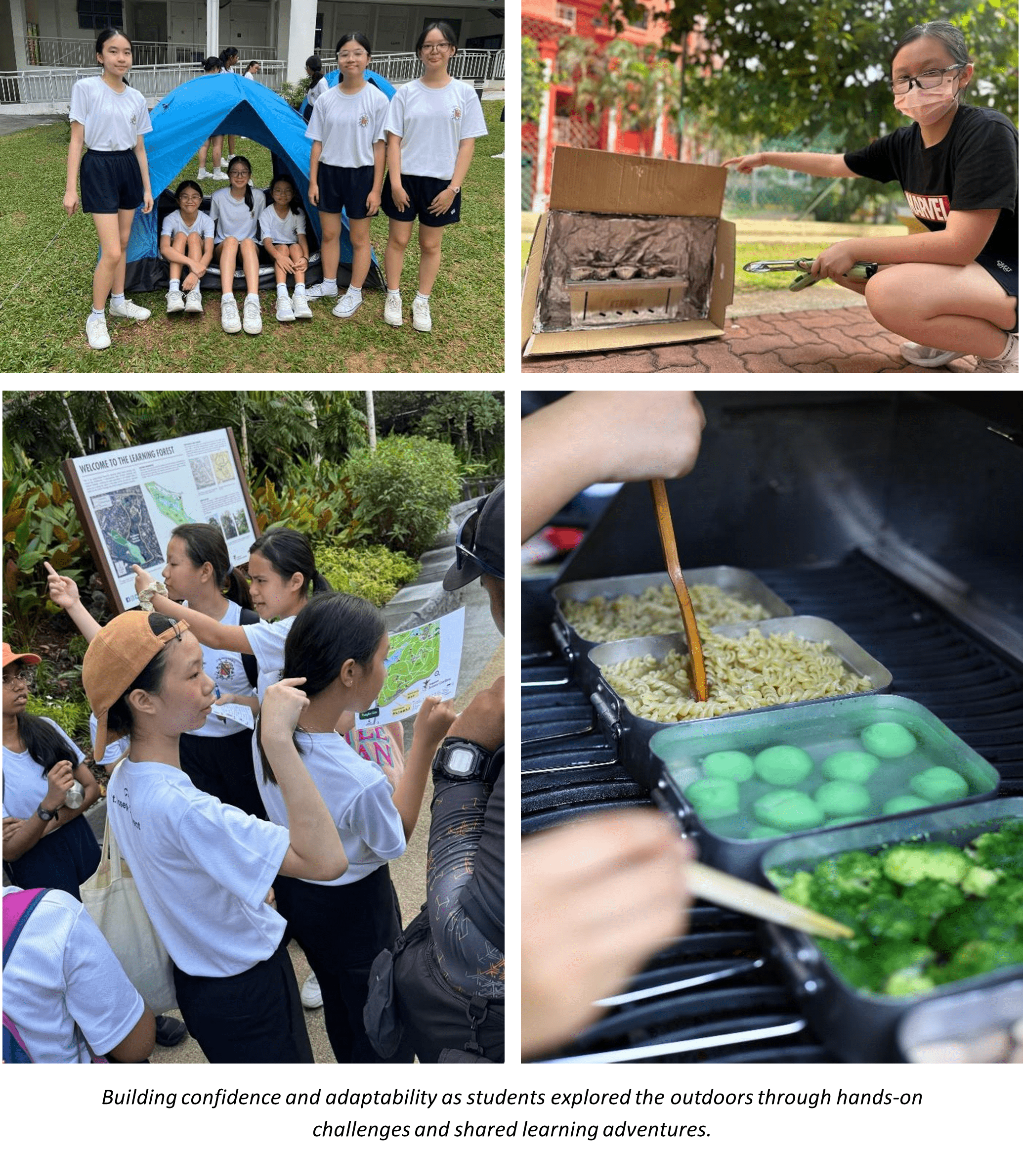 Four scenes of students outdoors: posing by a blue tent, using a cardboard grill, reading a map, and cooking food.