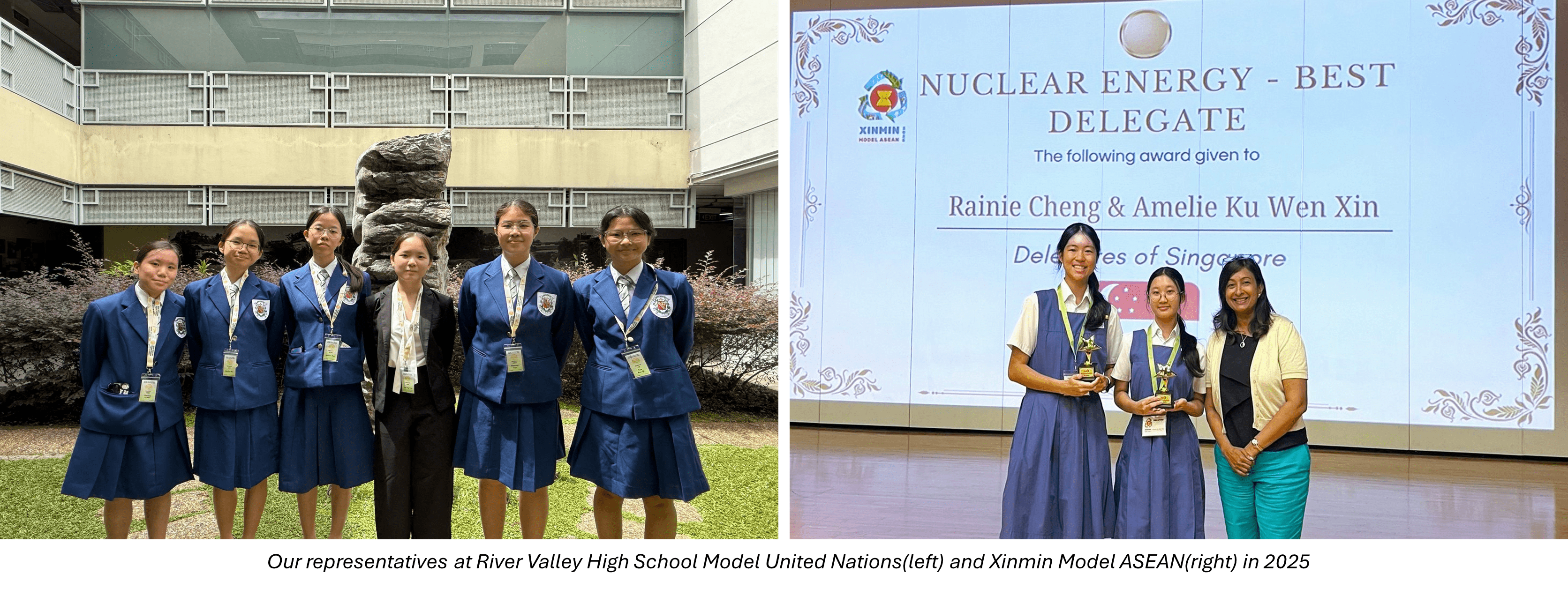 Six students in blue uniforms pose outdoors; two students receive Nuclear Energy Best Delegate award at Xinmin Model ASEAN 2025.