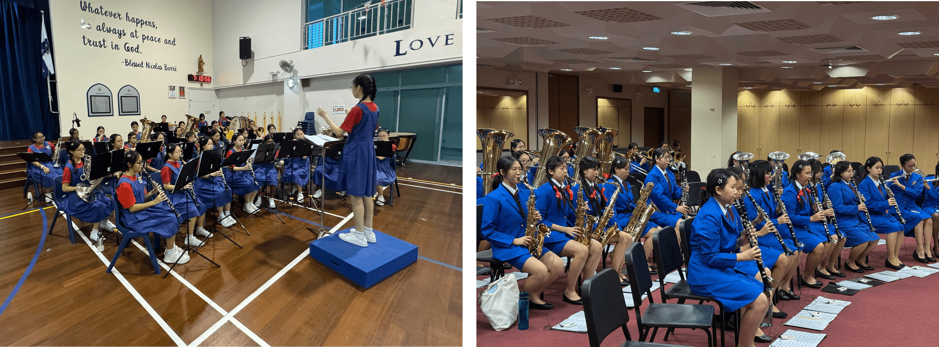 Students in blue uniforms play wind instruments in two settings: a school hall with a conductor and a formal performance room.