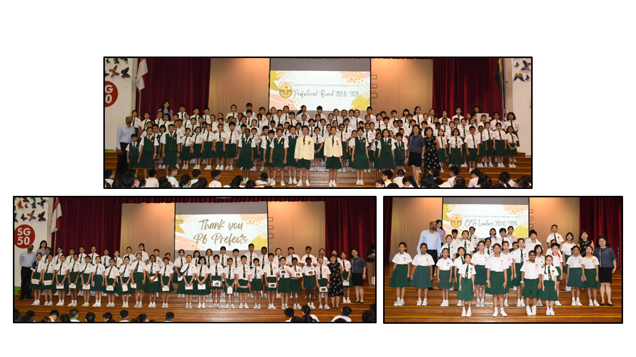 Three school ceremony photos showing students in green and white uniforms on a stage with presentation slides behind them.