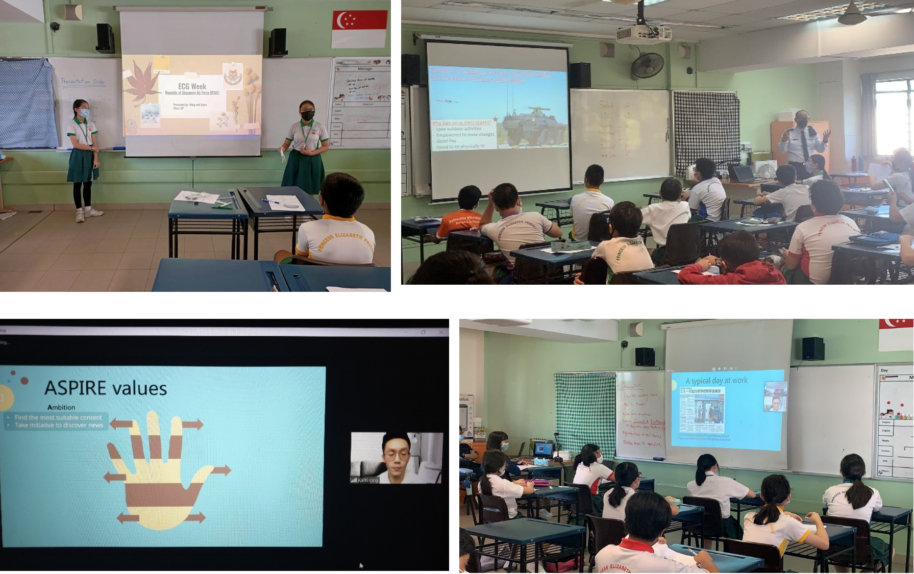 Four classroom scenes showing students attending presentations on ECG Week and ASPIRE values using projected slides.