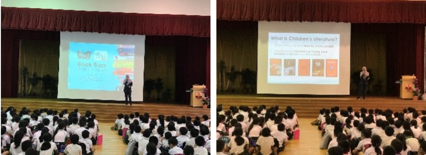 Two school assembly hall scenes with students sitting on the floor watching presenters and projected slides about books.