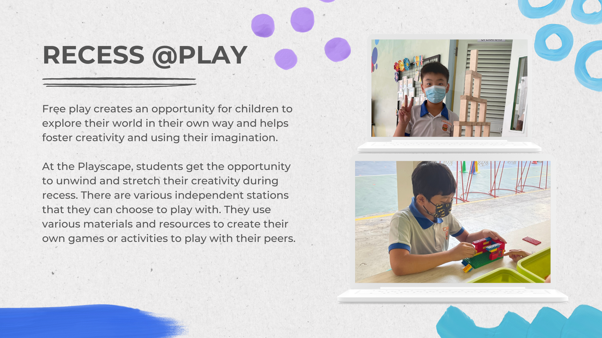 Slide titled Recess at Play showing two masked boys, one posing with wooden blocks and one building with Lego bricks.
