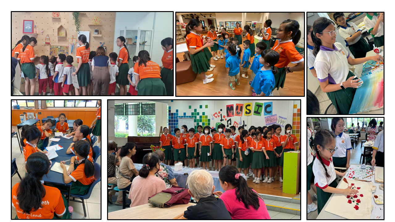 Collage of school children in orange and green uniforms doing activities including singing, art, and interacting with elderly.