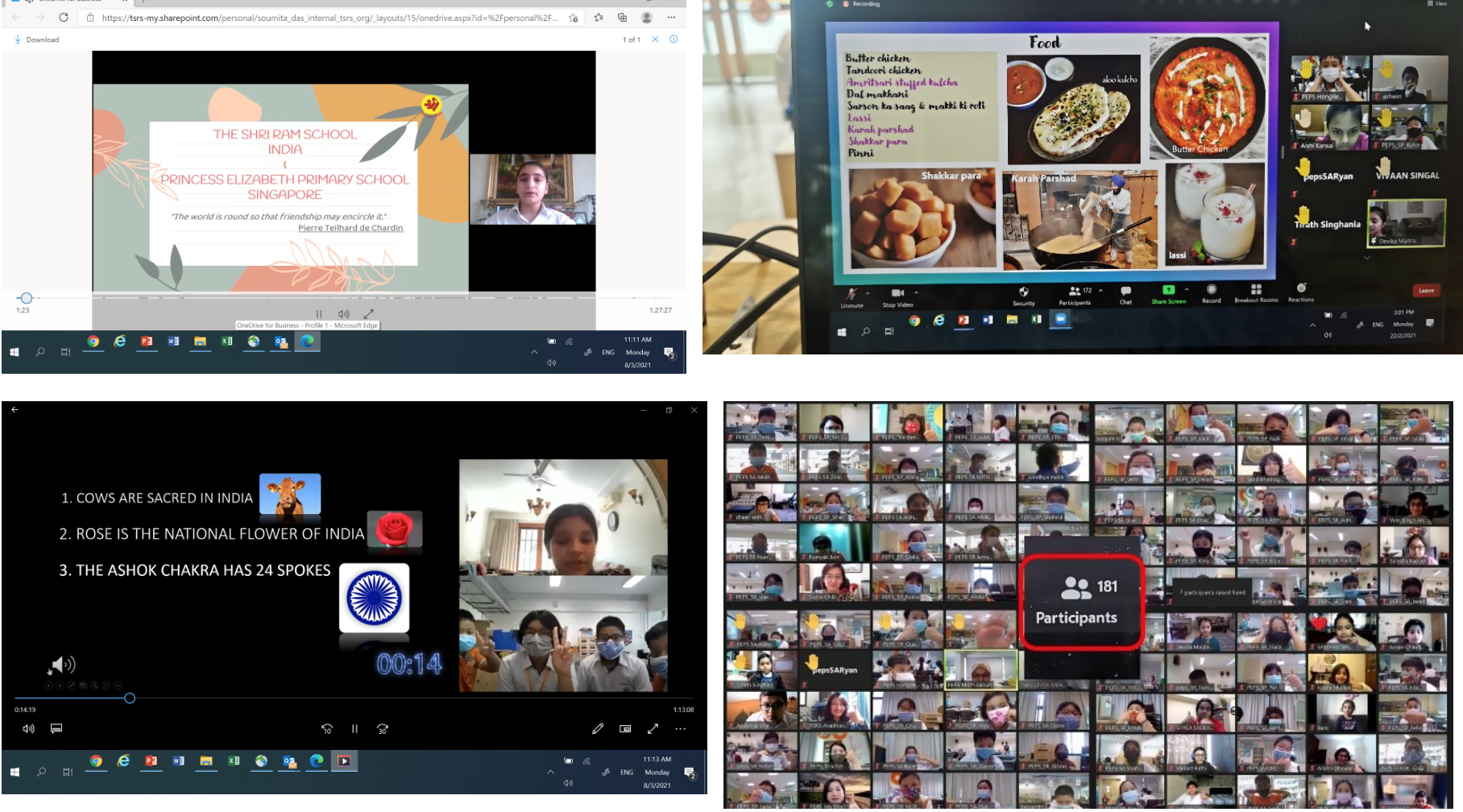 Four screenshots from a virtual school exchange event between Indian and Singapore schools, showing 181 participants on Zoom.