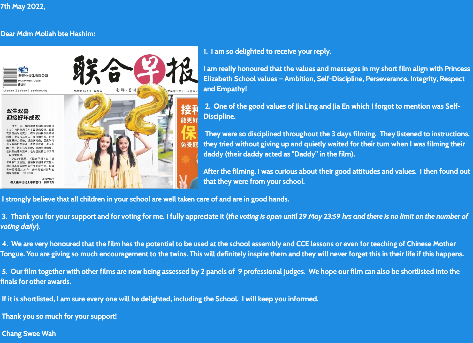 A letter dated 7th May 2022 addressed to Mdm Moliah bte Hashim, with a Chinese newspaper clipping showing twin girls.