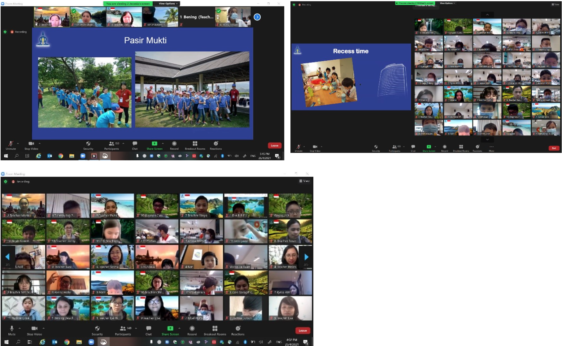 Three Zoom meeting screenshots showing participants in gallery view with shared slides about Pasir Mukti and recess time.