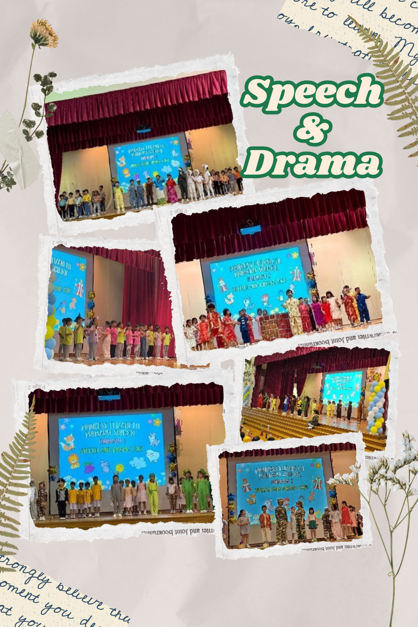Collage of kids on a school stage in costumes, with large text reading Speech & Drama.
