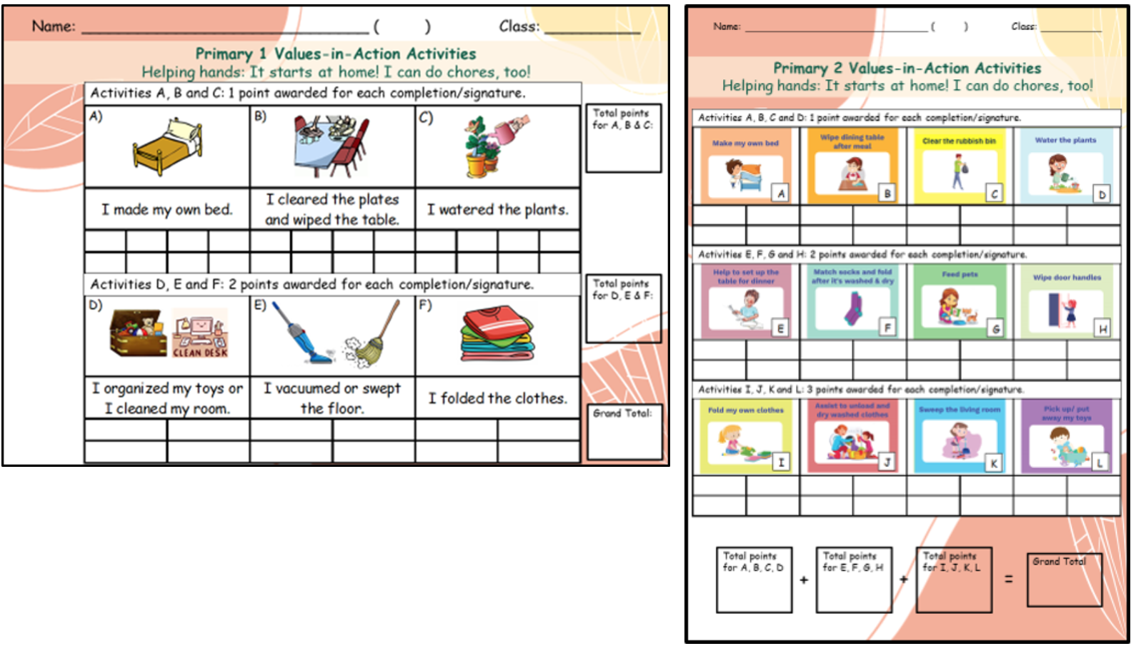 Two school chore activity worksheets for Primary 1 and Primary 2 with illustrated household tasks and point-tracking grids.