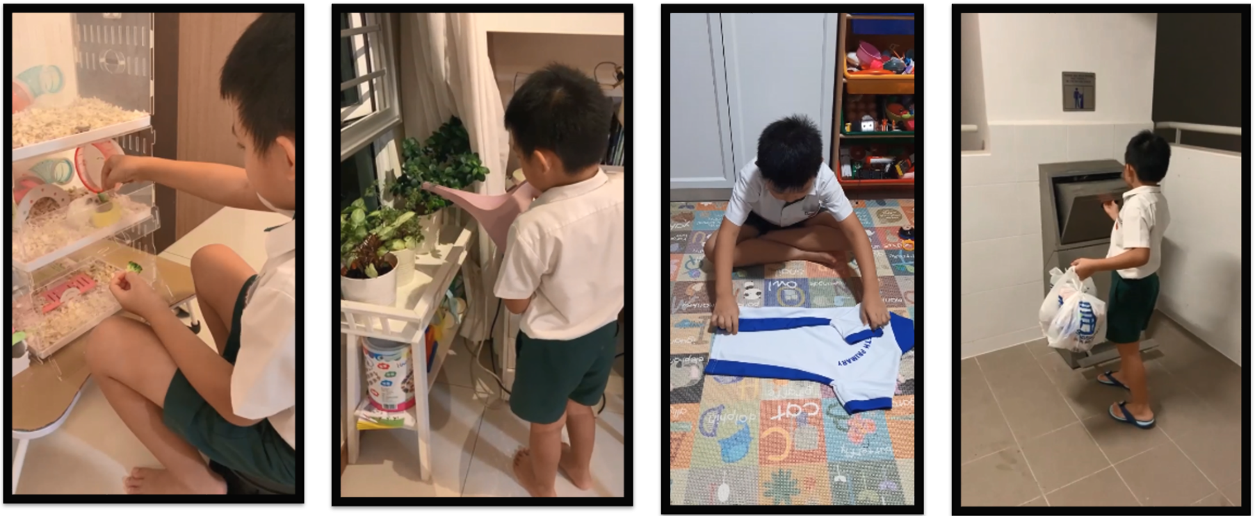 Four photos of a young boy doing chores: tending a pet, watering plants, folding laundry, and disposing trash.