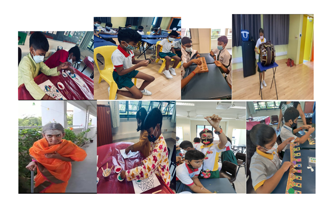 Seven children wearing masks engage in various hands-on craft and learning activities in classroom and outdoor settings.