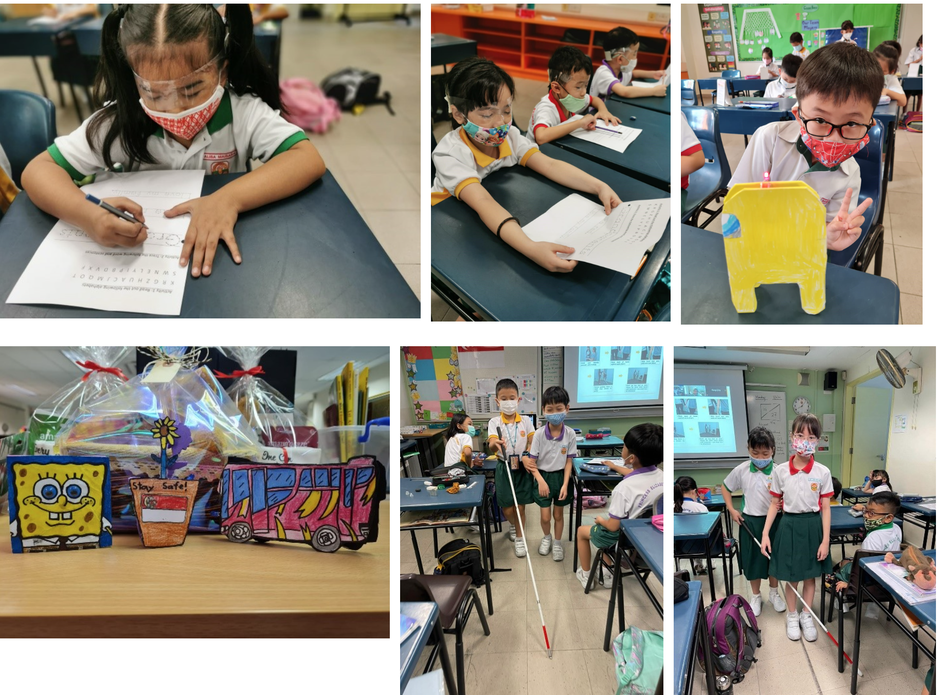 Six photos of masked primary school children doing classroom activities, including writing, crafts, and using a white cane.