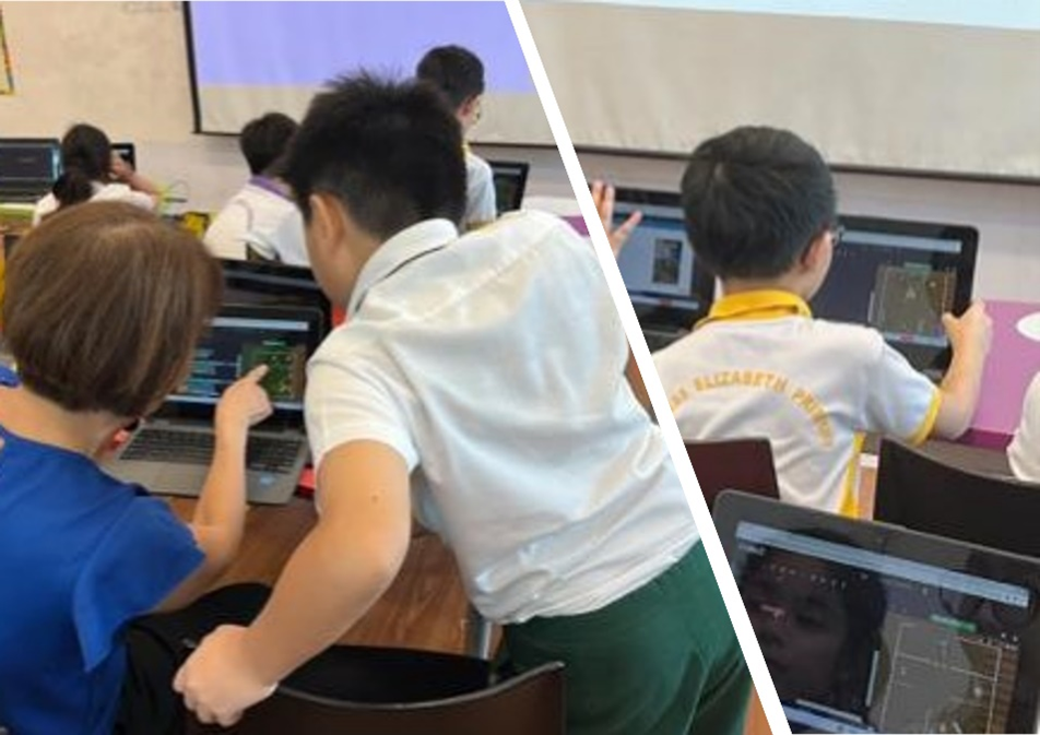 Young students in white uniforms work on laptops and tablets in a classroom, with an adult pointing at a screen.
