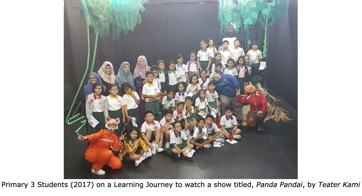 Primary 3 students and teachers posing on a jungle-themed stage at a theatre show