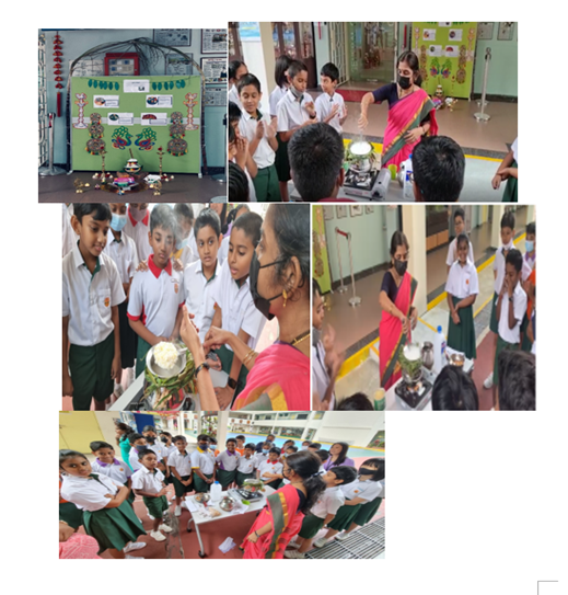 Students in school uniforms participate in science activities guided by teachers in a classroom setting.