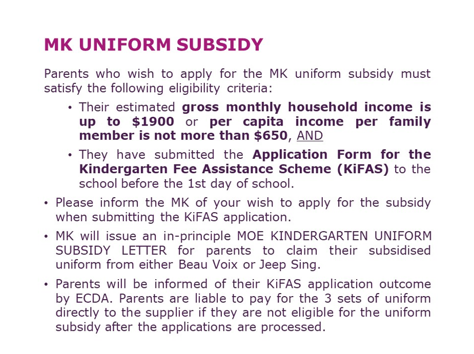 Text document titled MK Uniform Subsidy outlining eligibility criteria and application steps for a kindergarten uniform subsidy.