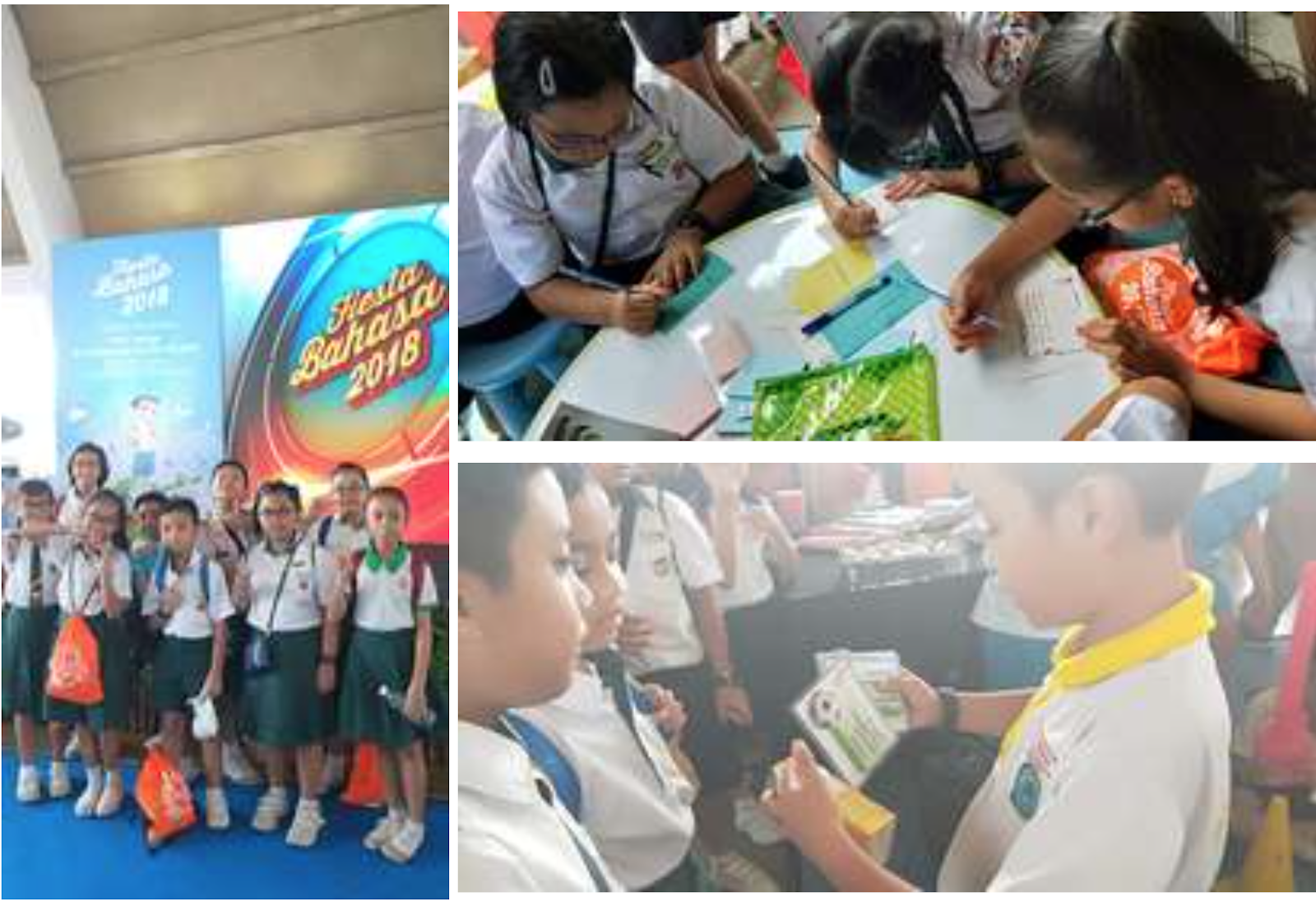 Collage of primary students at Fiesta Bahasa 2018, posing at the event backdrop and taking part in language activities