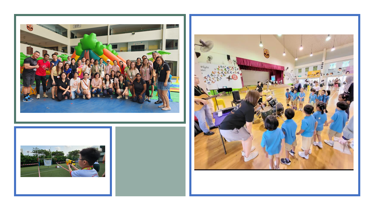 Three school event photos: a staff group, young children in a hall with drums, and a boy using a toy gun outdoors.