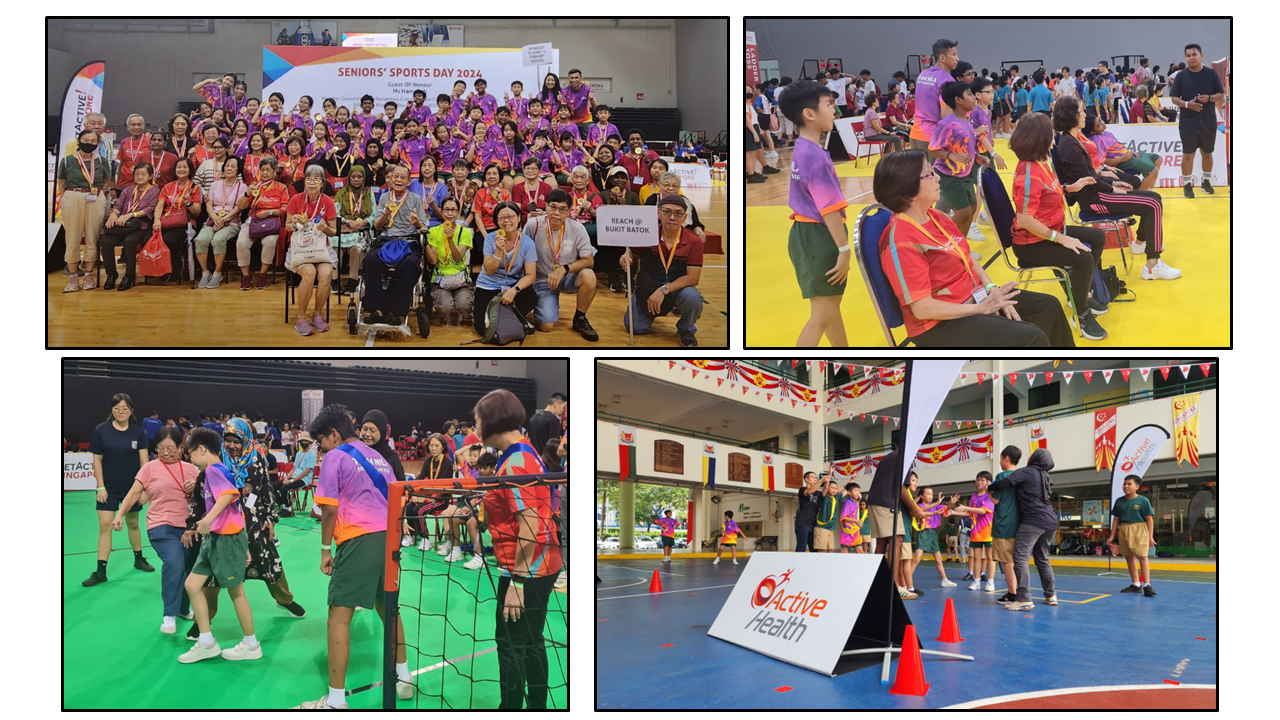 Four scenes from Seniors Sports Day 2024 showing group photos, seated spectators, and outdoor Active Health activities.