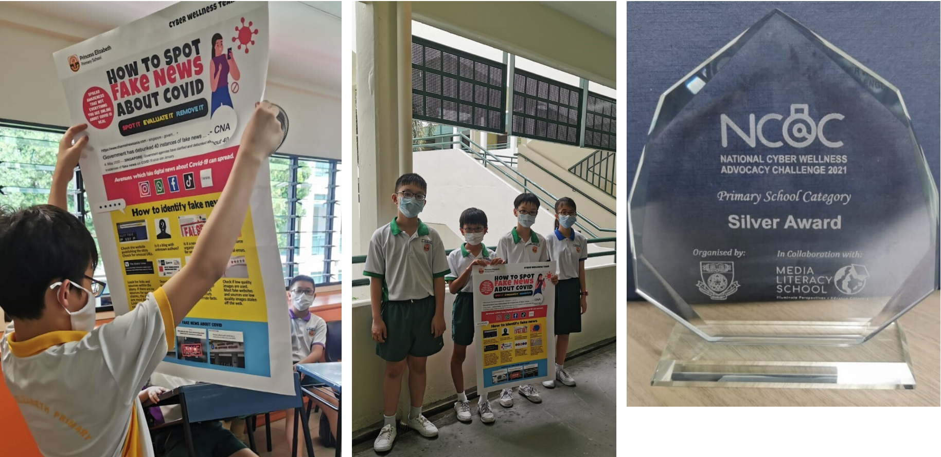 Students holding a fake news poster beside an NCOC National Cyber Wellness Advocacy Challenge 2021 Silver Award trophy.
