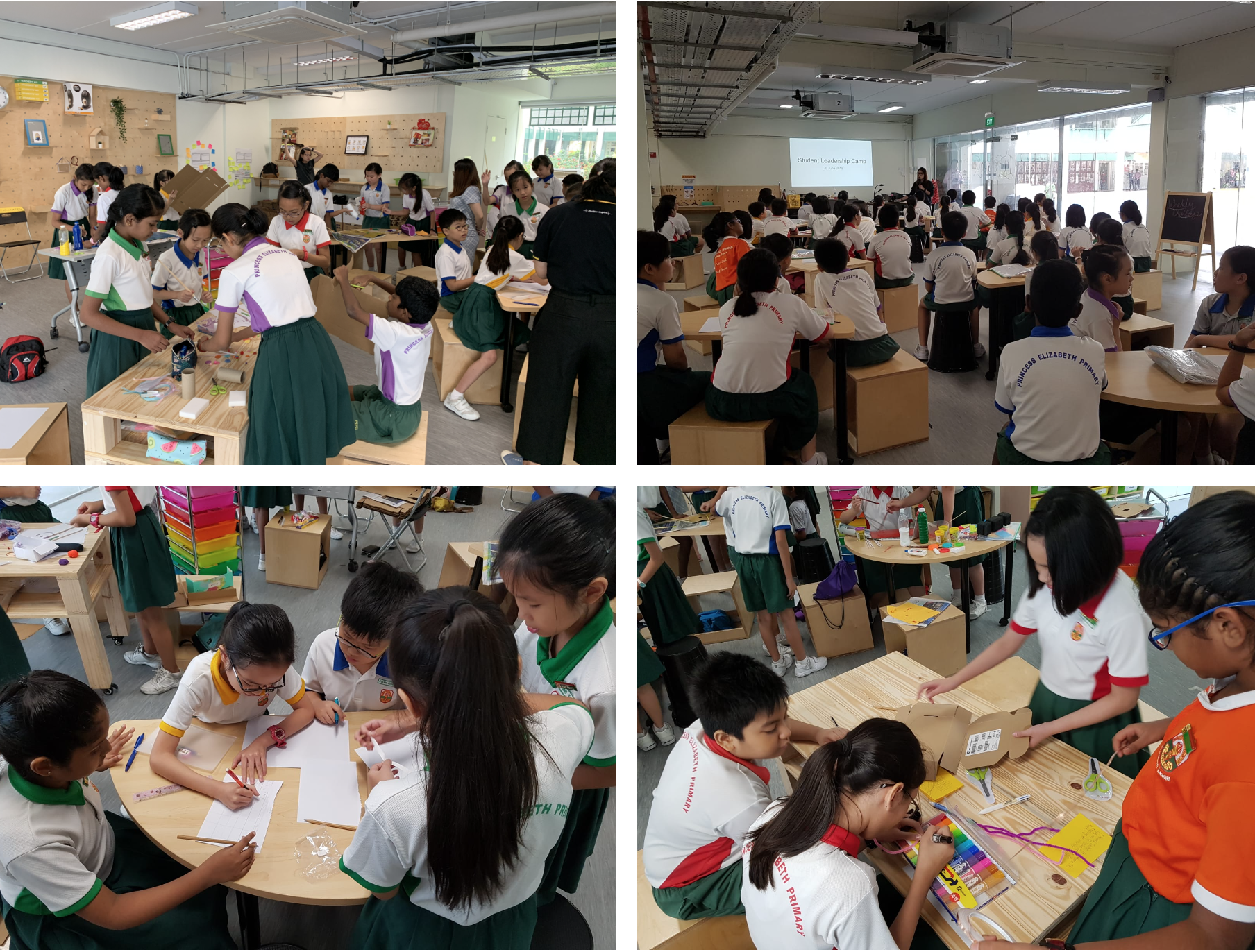 Four photos show students in uniforms building crafts and listening to a presentation in a classroom.