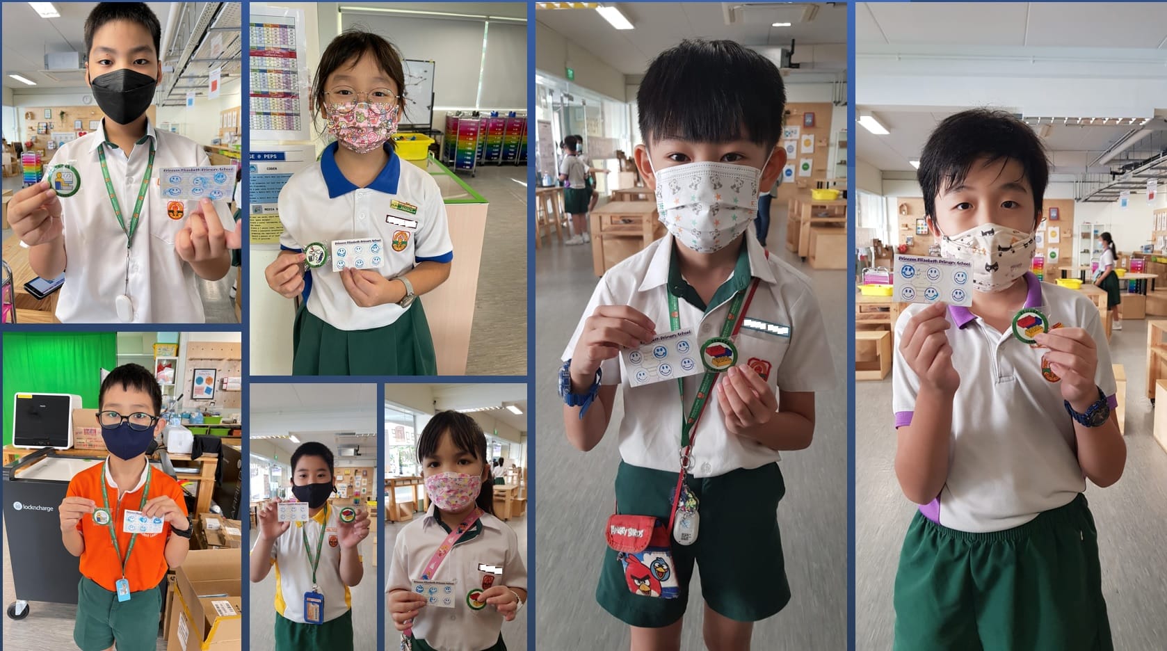 Six masked primary school children in uniforms proudly display badges and sticker cards inside a classroom.