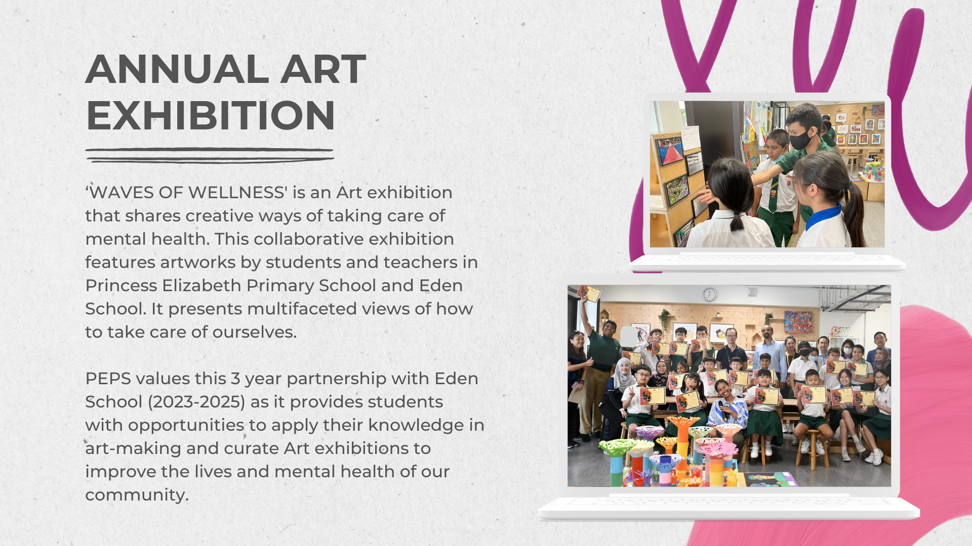 Flyer for Annual Art Exhibition "Waves of Wellness" with two photos of students displaying artwork.