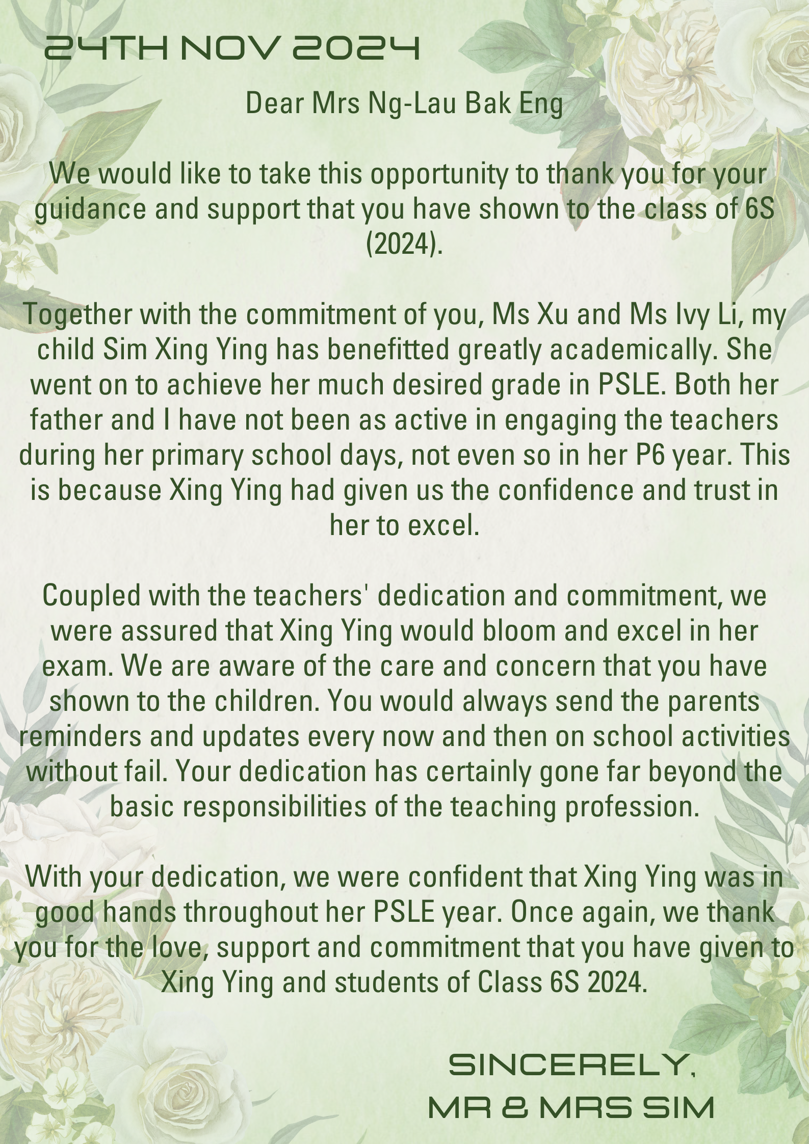 A thank-you letter dated 24th Nov 2024 from Mr and Mrs Sim to teacher Mrs Ng-Lau Bak Eng, with floral border.